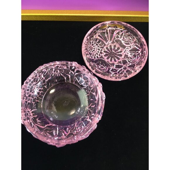 Vintage Fenton Art Glass Powder Jar Trinket Box with Lid Transparent Pink Floral - Picture 8 of 16